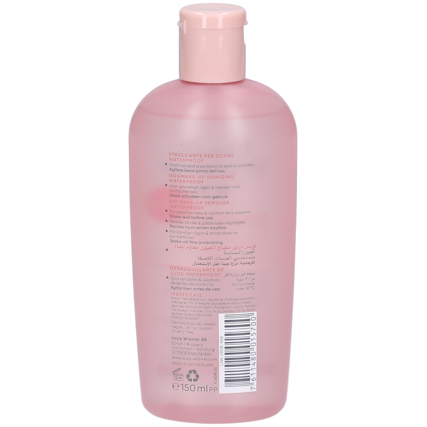 Achterkant van een roze fles. Tekst in meerdere talen. Onderaan: 150 ml.