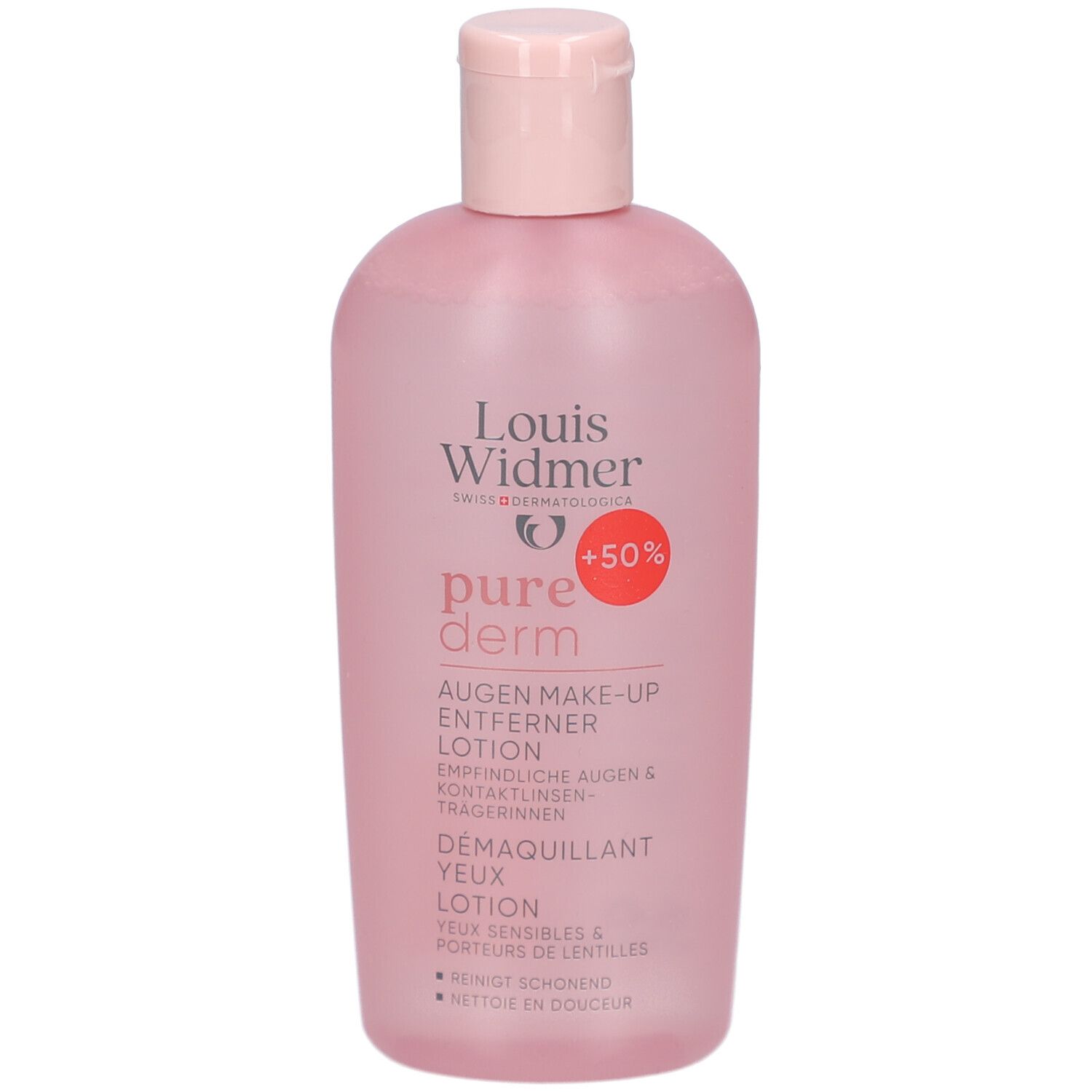 Roze fles met roze dop. Opschrift: Louis Widmer, pure derm Démaquillant Yeux Lotion. Voor gevoelige ogen.