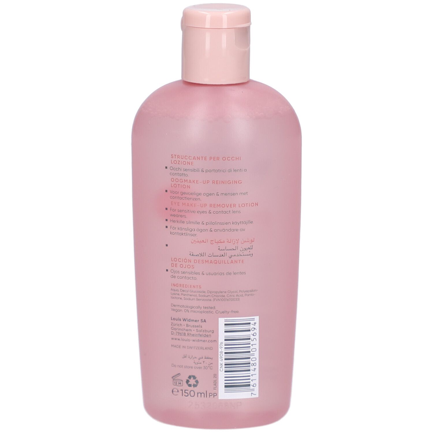 Achterkant van een roze fles. Tekst: Démaquillant Yeux Lotion, ingrediënten, fabrikantinfo, barcode.