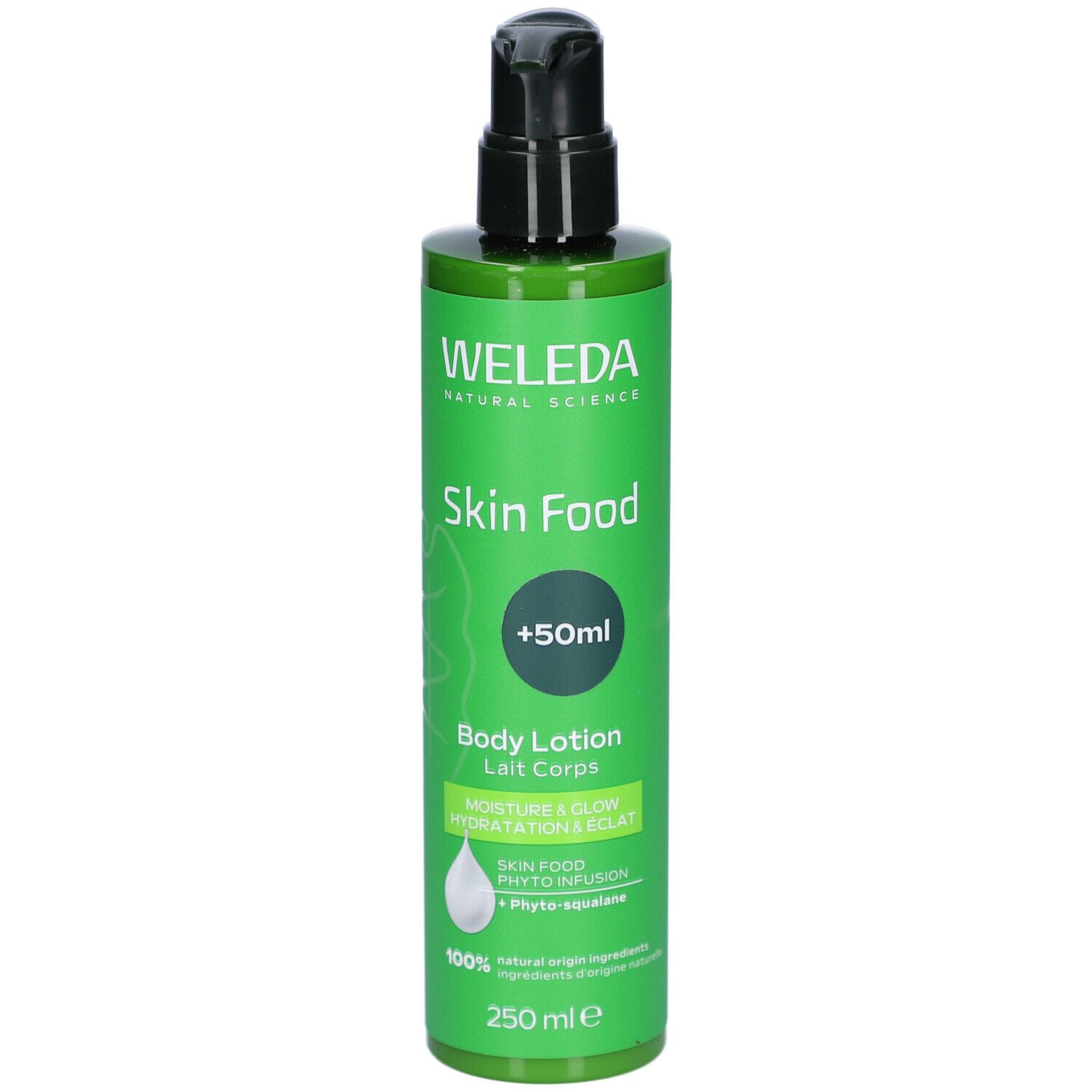 Groene fles met zwarte pomp. Opschrift: Weleda Skin Food Body Lotion. Bevat +50ml. 250 ml.
