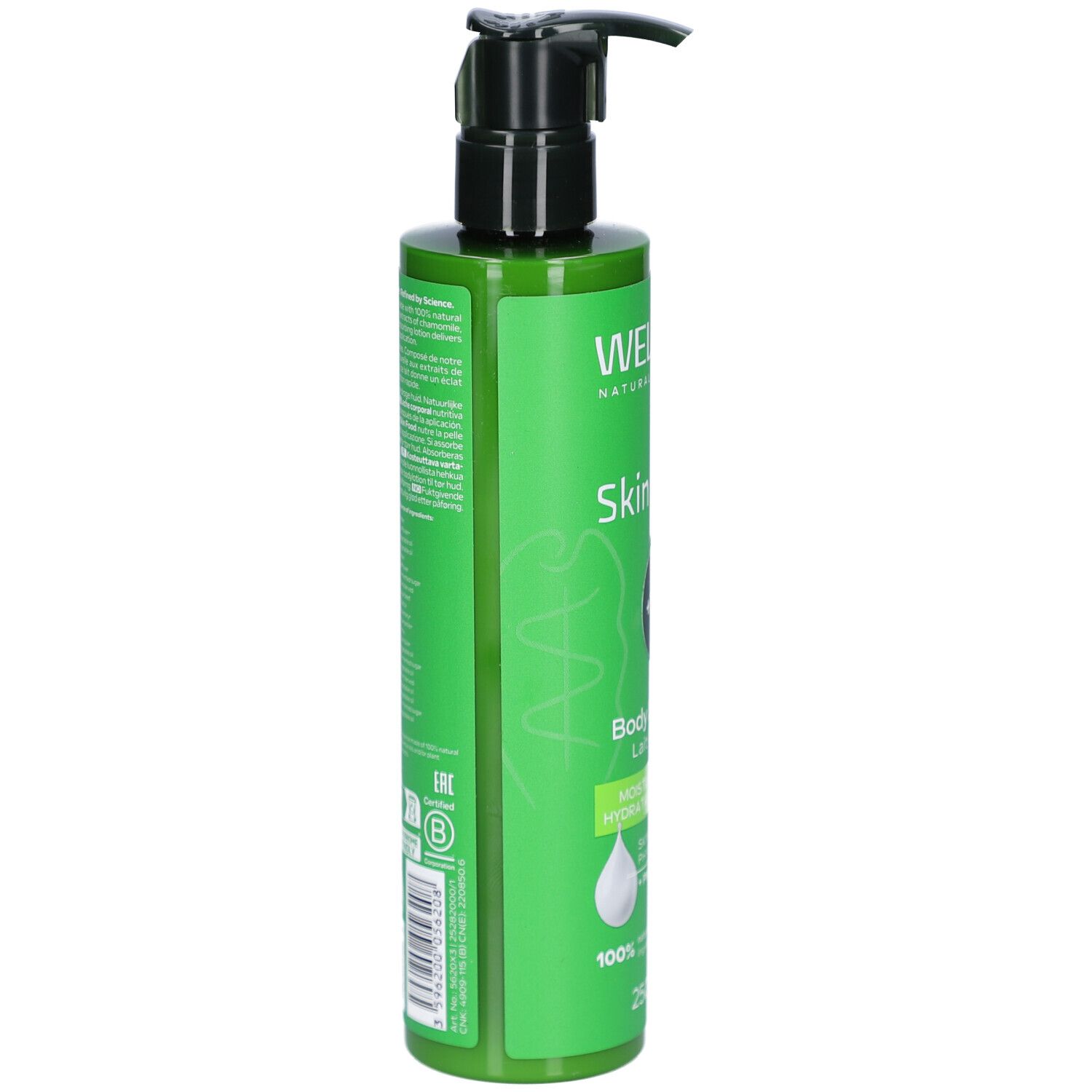 Groene fles met zwarte pomp. Opschrift: Weleda Skin Food. Achterkant met tekst en logo's.