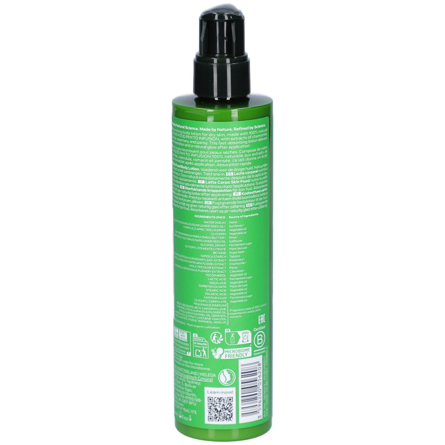 Achterkant van een groene fles met tekst en logo's. Opschrift: Weleda Natural Science.