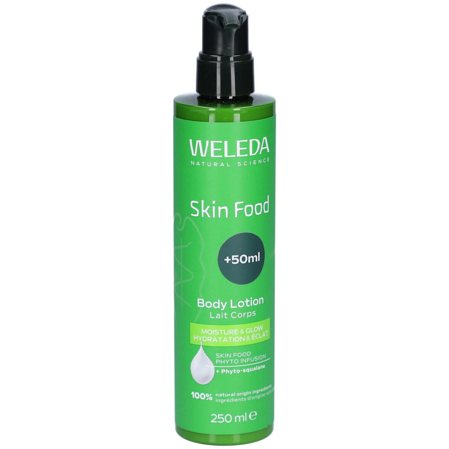 Groene fles met zwarte pomp. Opschrift: Weleda Skin Food Body Lotion. Bevat +50ml. 250 ml.