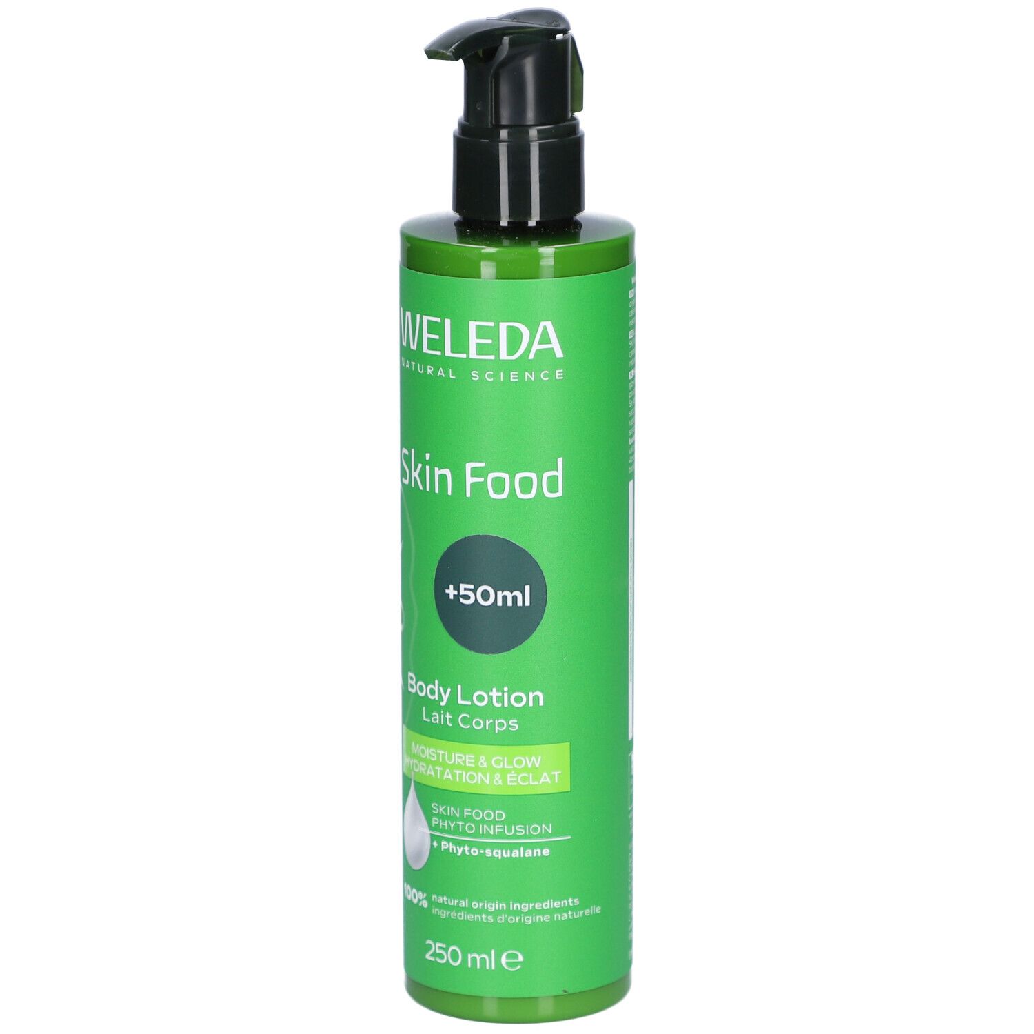 Groene fles met zwarte pomp. Opschrift: Weleda Skin Food Body Lotion. Bevat +50ml. 250 ml.