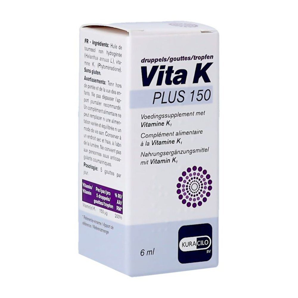 Vita K Plus 150 druppels verpakking. Witte doos met paarse accenten. Bevat 6 ml. Kura Cilo logo.