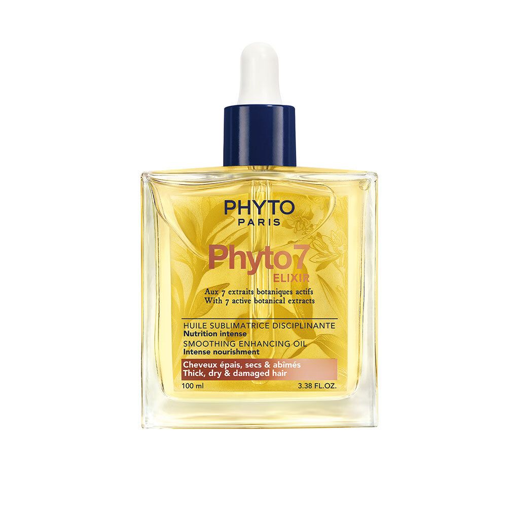Vierkante glazen fles met gele vloeistof en pipet. Opschrift: Phyto Paris, Phyto 7 Elixir. Voor dik, droog haar.