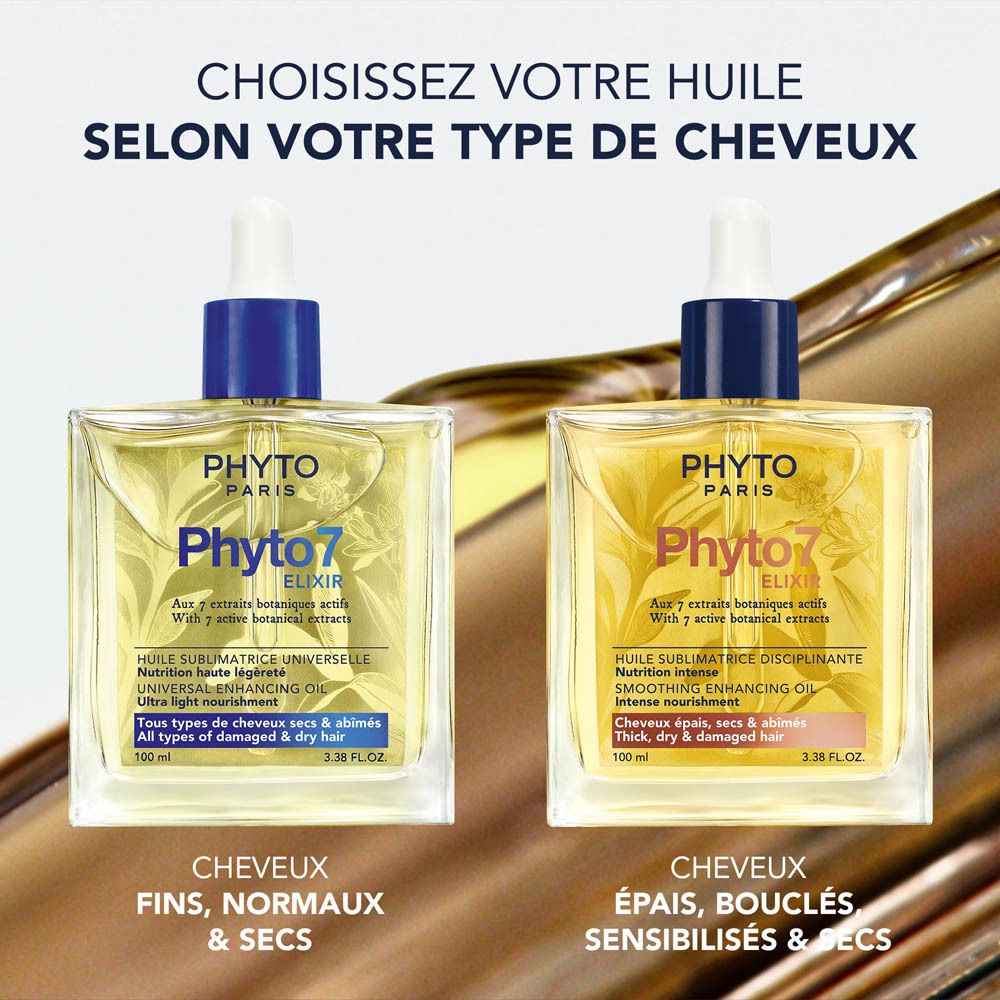 Flacon en verre avec liquide jaune, entouré de fleurs et de feuilles. Inscription : Phyto Paris, Phyto 7 Elixir.