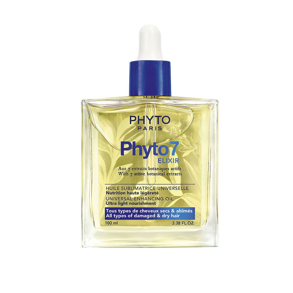 Vierkante glazen fles met gele vloeistof. Blauwe dop met pipet. Opschrift: Phyto Paris, Phyto7 Elixir.