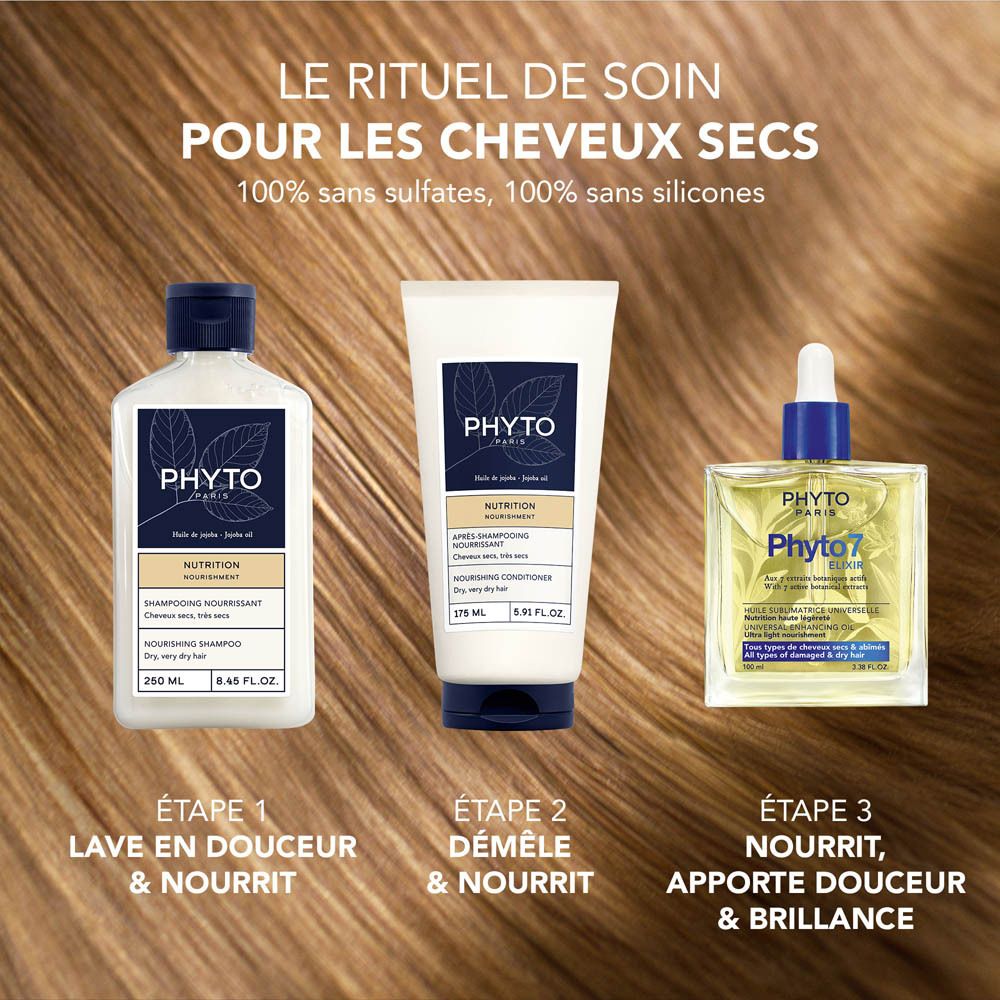 Trois produits côte à côte. Shampooing, après-shampooing et huile. Inscription : Phyto Paris. Étapes 1, 2 et 3.