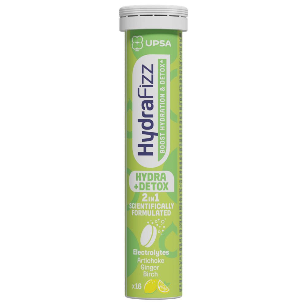 Cilindrische tube met bruistabletten. Opschrift: HydraFizz, Hydra + Detox, 2in1. Bevat elektrolyten, artisjok, gember, berk.
