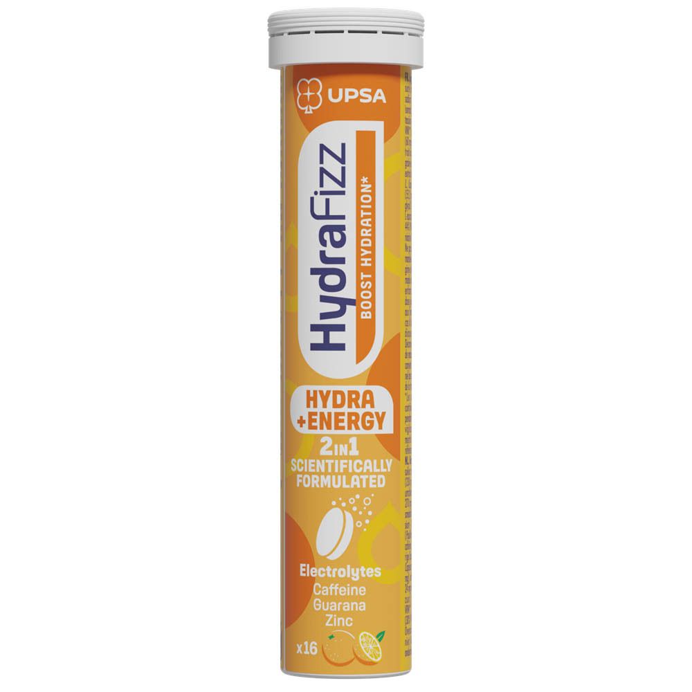 Cilindrische verpakking met bruistabletten. Opschrift: HydraFizz, Hydra+Energy, 2in1, Elektrolyten, Cafeïne, Guarana, Zink. 16 tabletten.