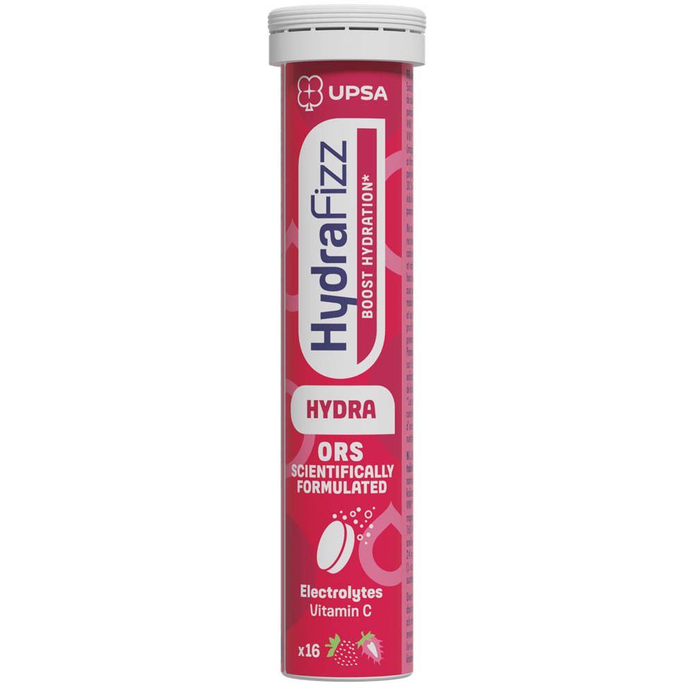 Cilindrische verpakking met witte dop. Opschrift: HydraFizz, Hydra ORS, Electrolyten, Vitamine C. Aardbeien afgebeeld. 16 tabletten.