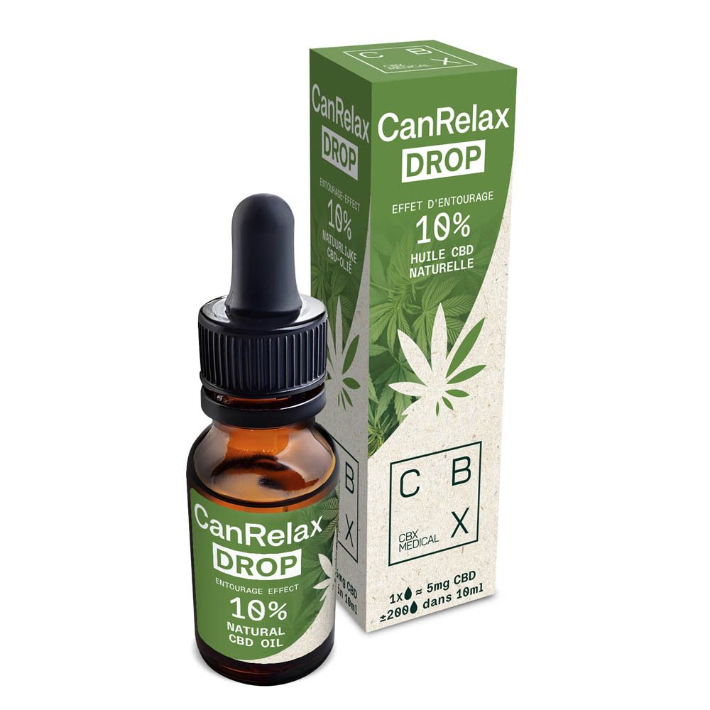 Productverpakking met fles en doos. Fles met druppelaar, etiket: CanRelax DROP, 10% Natural CBD Oil.