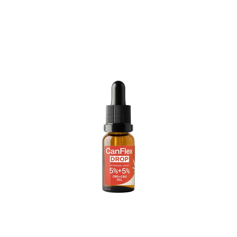 Bruine glazen fles met zwarte druppelaar. Etiket met "CanFlex DROP" en "5%+5% CBD+CBG OIL".