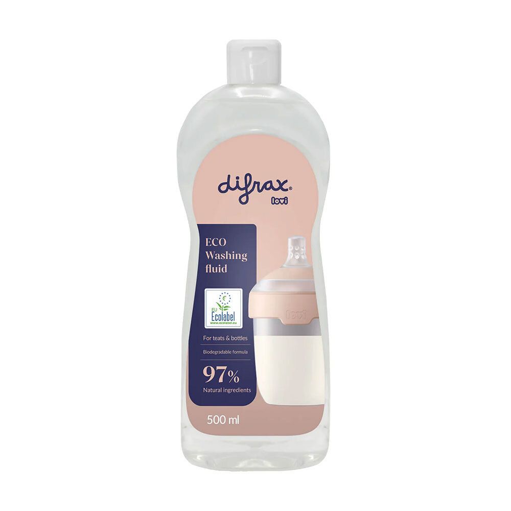 Difrax Lovi Eco afwasvloeistof voor spenen en flessen, 500 ml. Biologisch afbreekbare formule met 97% natuurlijke ingrediënten.