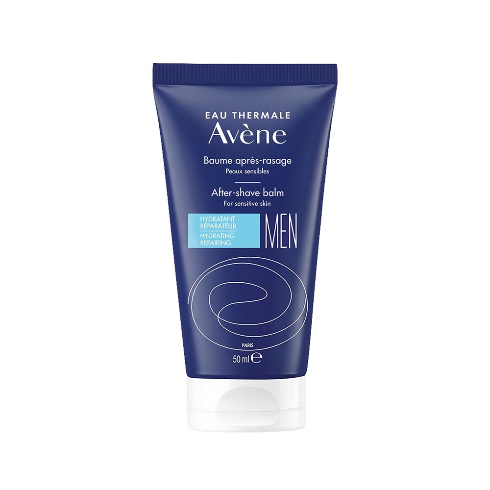 Tube de Baume après-rasage Avène MEN, 50ml. Bleu foncé avec bouchon blanc.