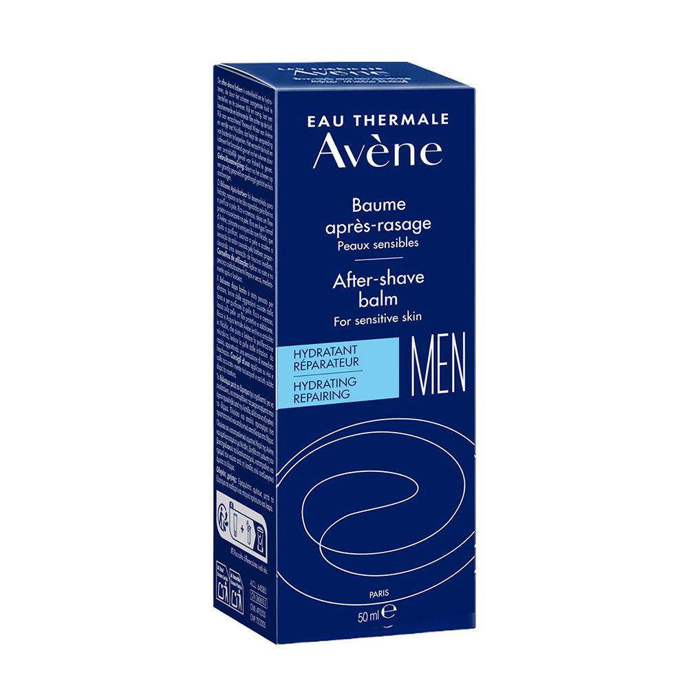 Tube de Baume après-rasage Avène MEN, 50ml. Bleu foncé avec bouchon blanc.