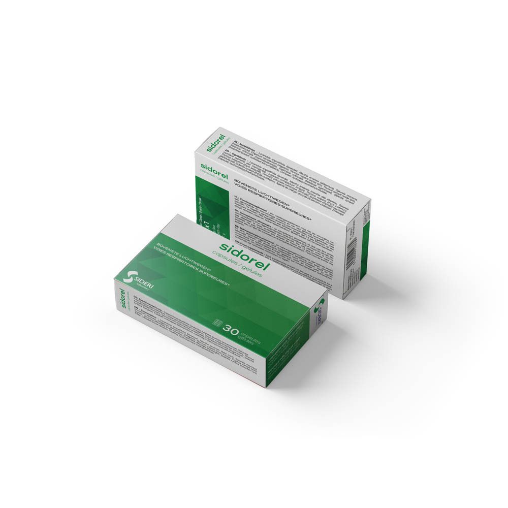 Twee dozen Sidorel. Witte verpakking met groene accenten. Opschrift "sidorel" en "30". 