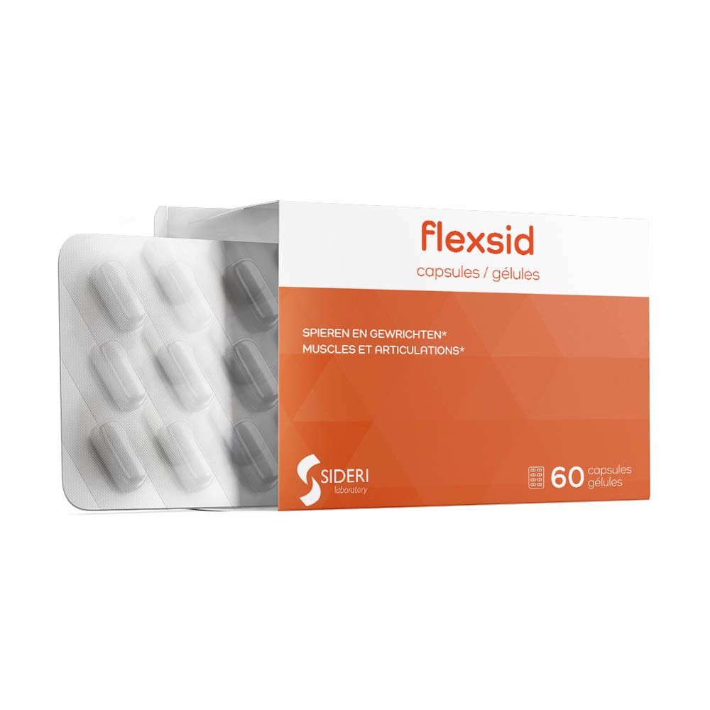 Flexsid-doos met blisterverpakking. Capsules in blisterverpakking. Opschrift Flexsid en 60. Tekst: Spieren en gewrichten.