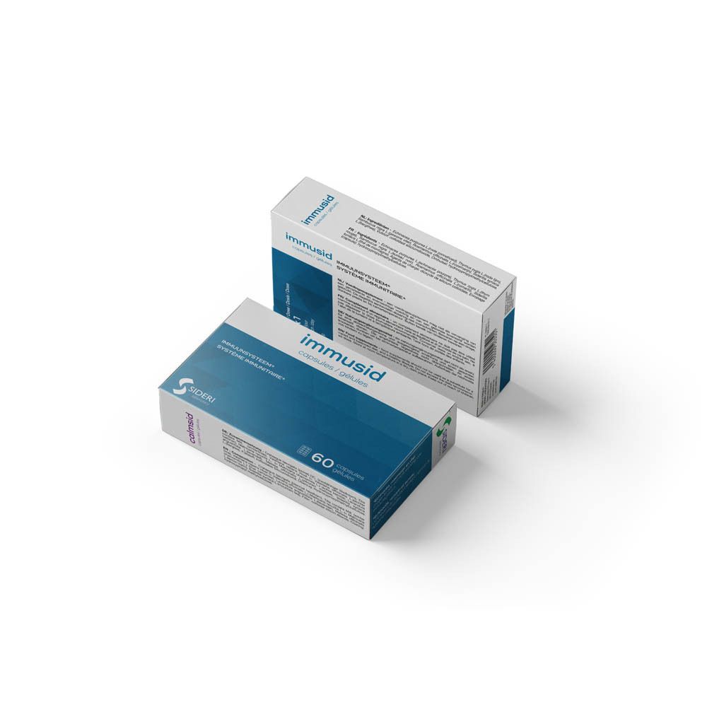 Twee dozen Immusid, wit met blauwe streep. Opschrift Immusid en 60. Sideri-logo.