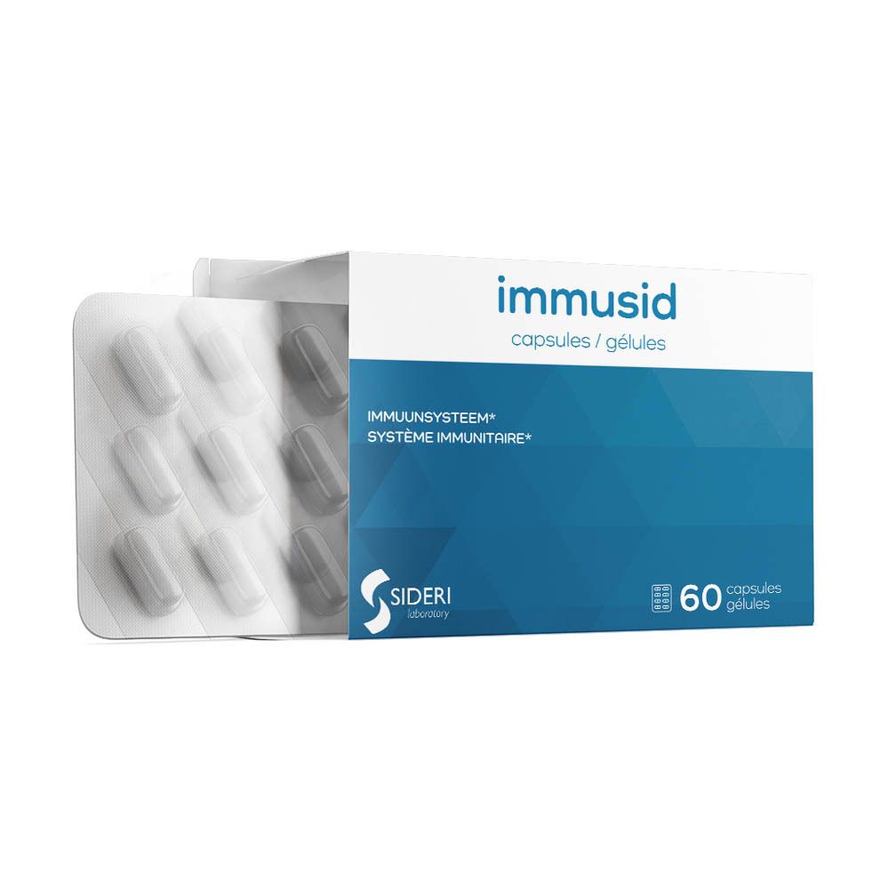 Open doos Immusid met blisterverpakking. Capsules zichtbaar. Opschrift Immusid, 60 capsules. Sideri-logo.