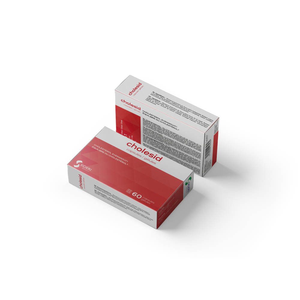 Boîte de Cholesid Gélules, côté avec instructions de dosage multilingues. Emballage rouge et blanc.