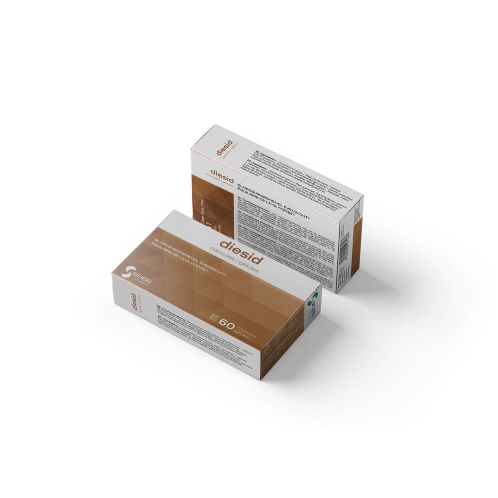 Deux boîtes Diesid, marron et blanc. Inscription Diesid et 60. Texte sur l'emballage.