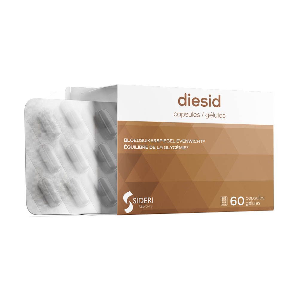 Diesid doos met blisterverpakking. Opschrift Diesid, 60 capsules. Tekst: Équilibre de la glycémie.