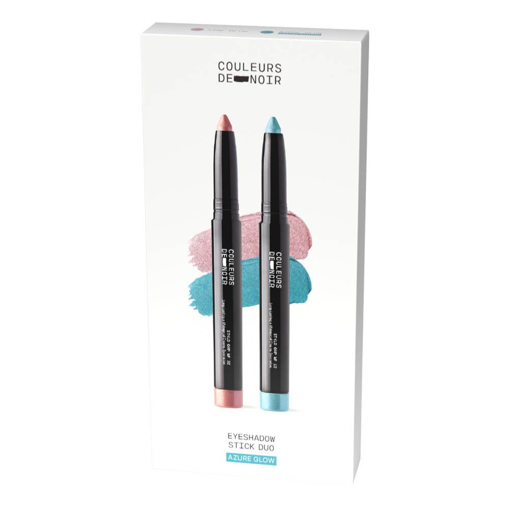 Verpakking met twee oogschaduwsticks in roze en blauw.