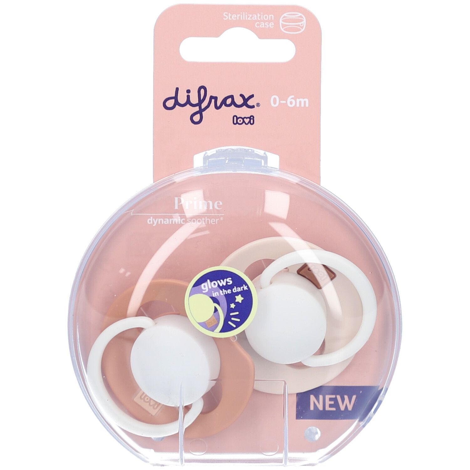 Deux sucettes dans un emballage transparent. Tétines en silicone beige et blanc. Emballage avec nom du produit et 'Glow in the dark'.