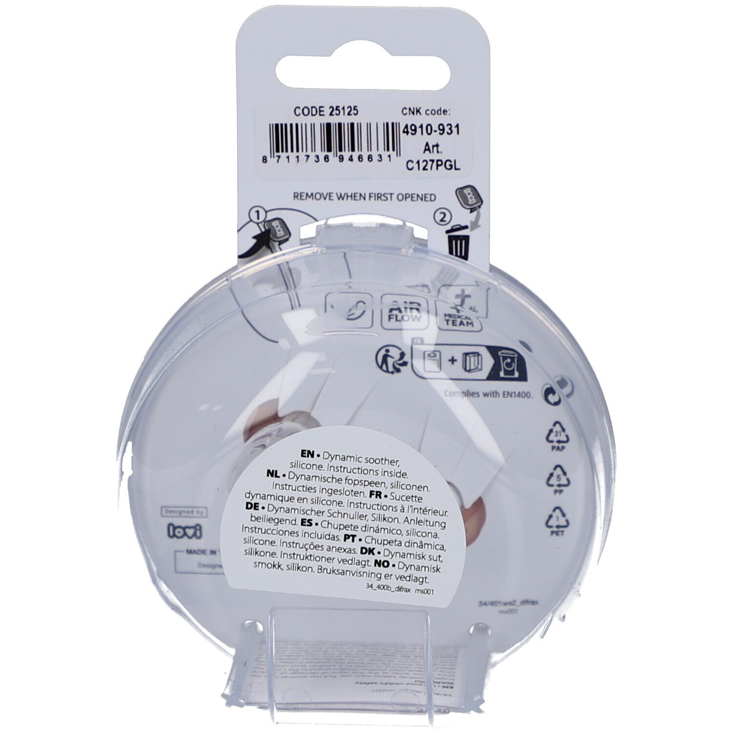 Achterkant van de verpakking met productinformatie. Transparante, ronde verpakking met productafbeelding en tekst in verschillende talen.