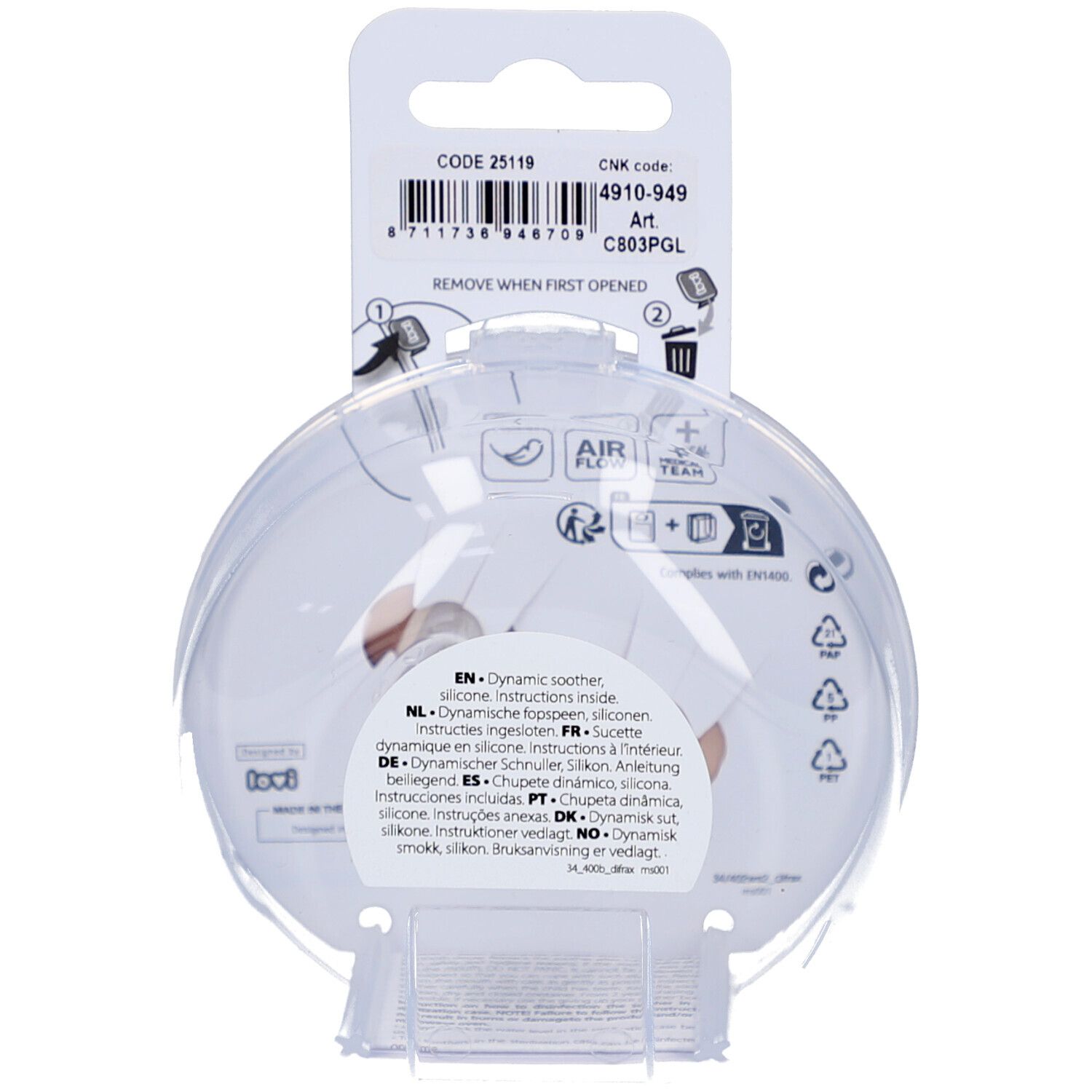 Achterkant van de verpakking met productinformatie. Tekst in meerdere talen. Transparante verpakking.