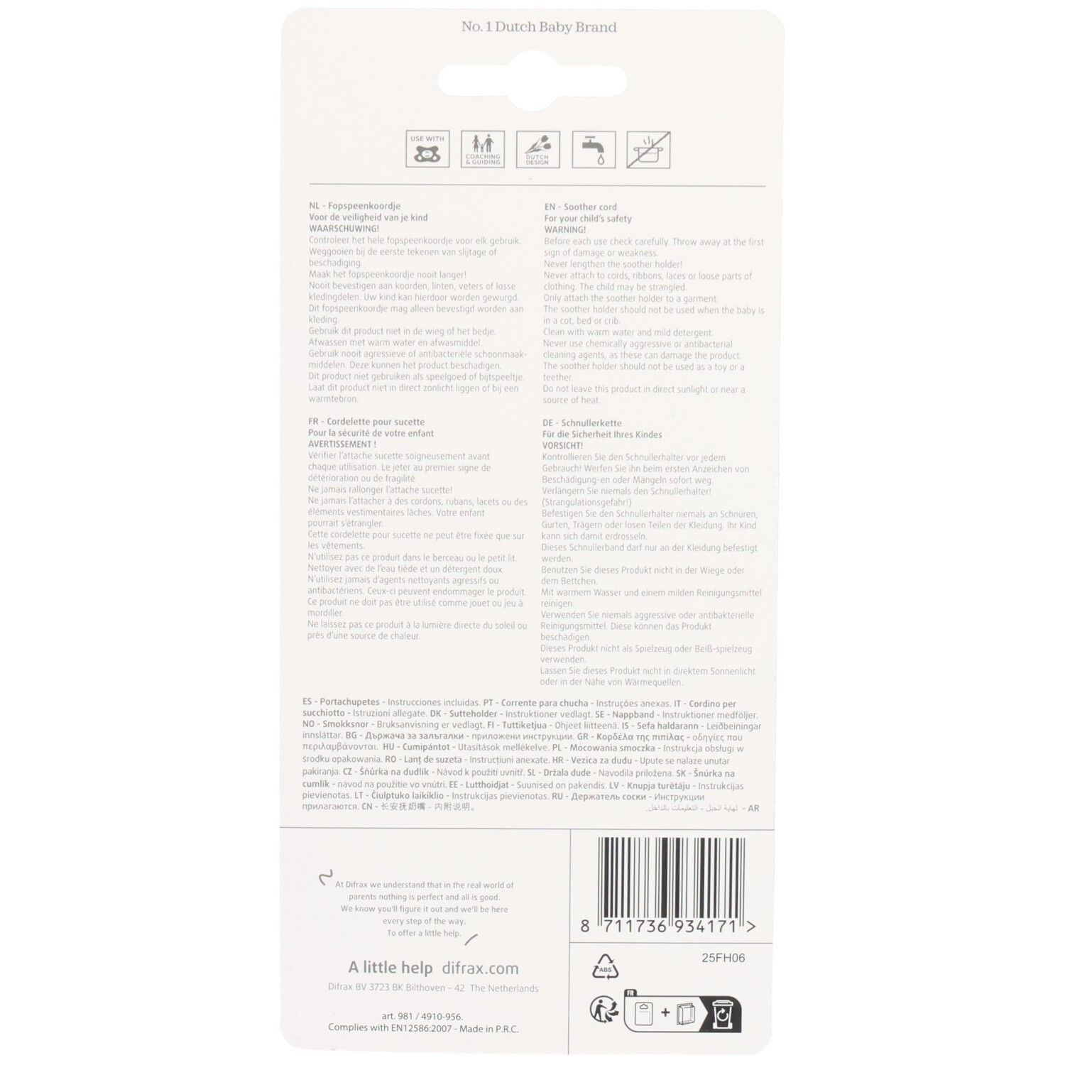 Achterkant van de blisterverpakking met tekst in meerdere talen. Boven: No. 1 Dutch Baby Brand. Barcode onderaan.