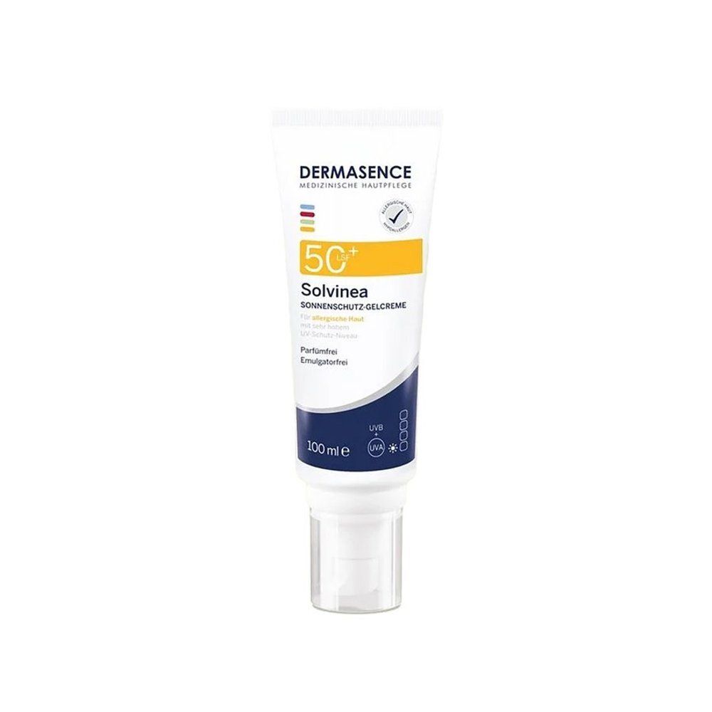 Tube blanche avec accent jaune. Inscription: Dermasence, Solvinea, 50+ SPF. Crème-gel solaire. Sans parfum, sans émulsifiant.