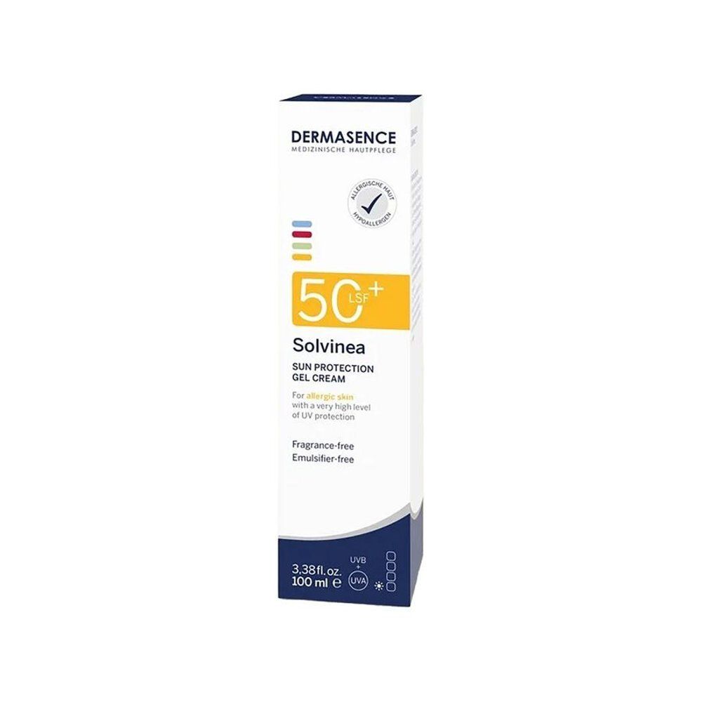 Emballage blanc avec inscription: Dermasence, Solvinea, 50+ SPF. Crème-gel solaire. Pour peaux sensibles au soleil. Sans parfum, sans émulsifiant.