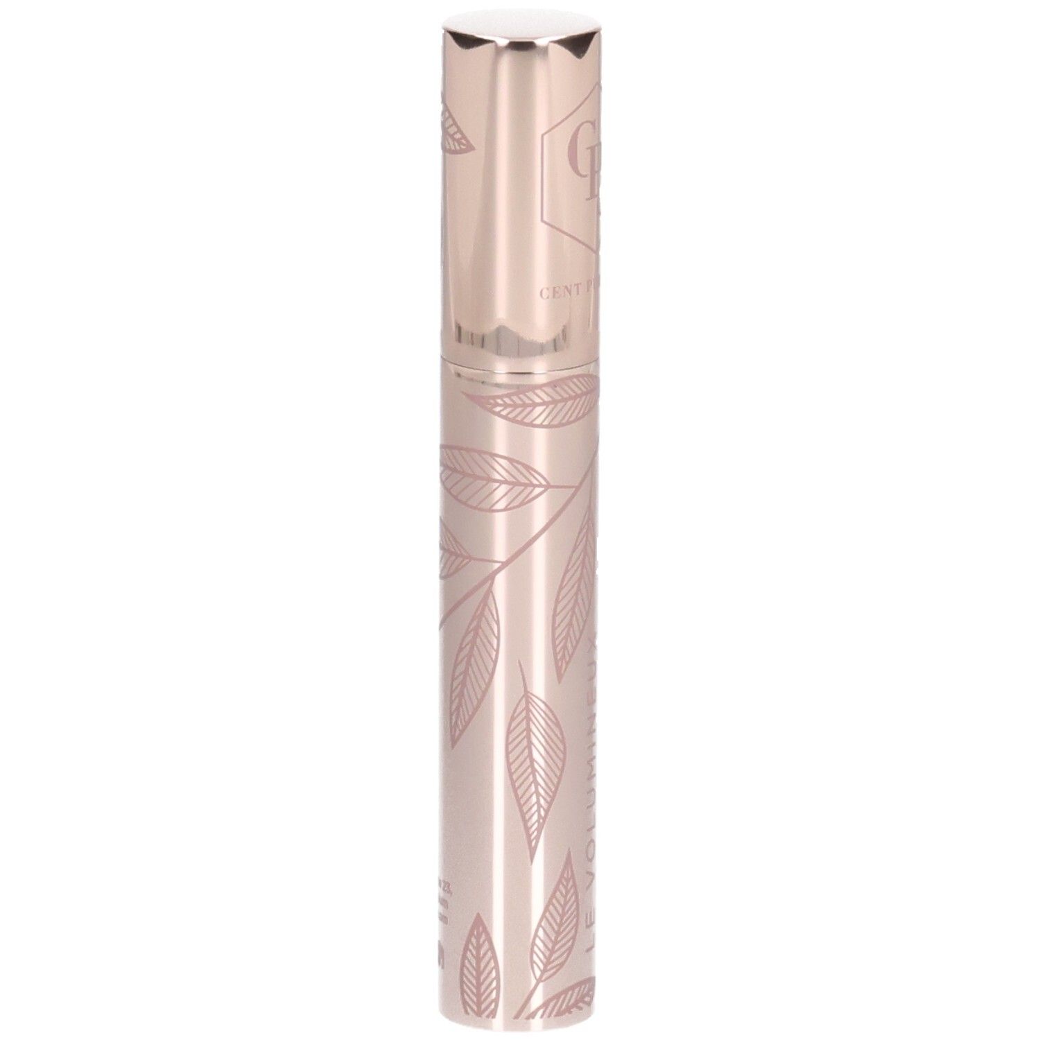 Tube de mascara cylindrique, or rose avec motif de feuilles. Bouchon argenté. Inscription illisible.