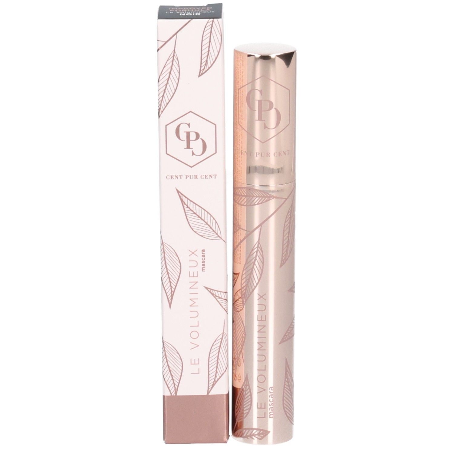 Tube de mascara et emballage. Tube or rose avec motif de feuilles. Emballage avec logo et texte.