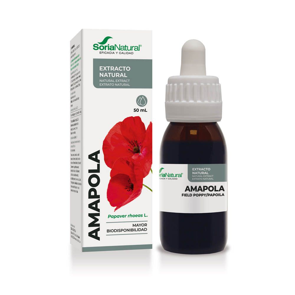 Flacon de produit et emballage. Emballage avec nom du produit, illustration de coquelicots et informations.