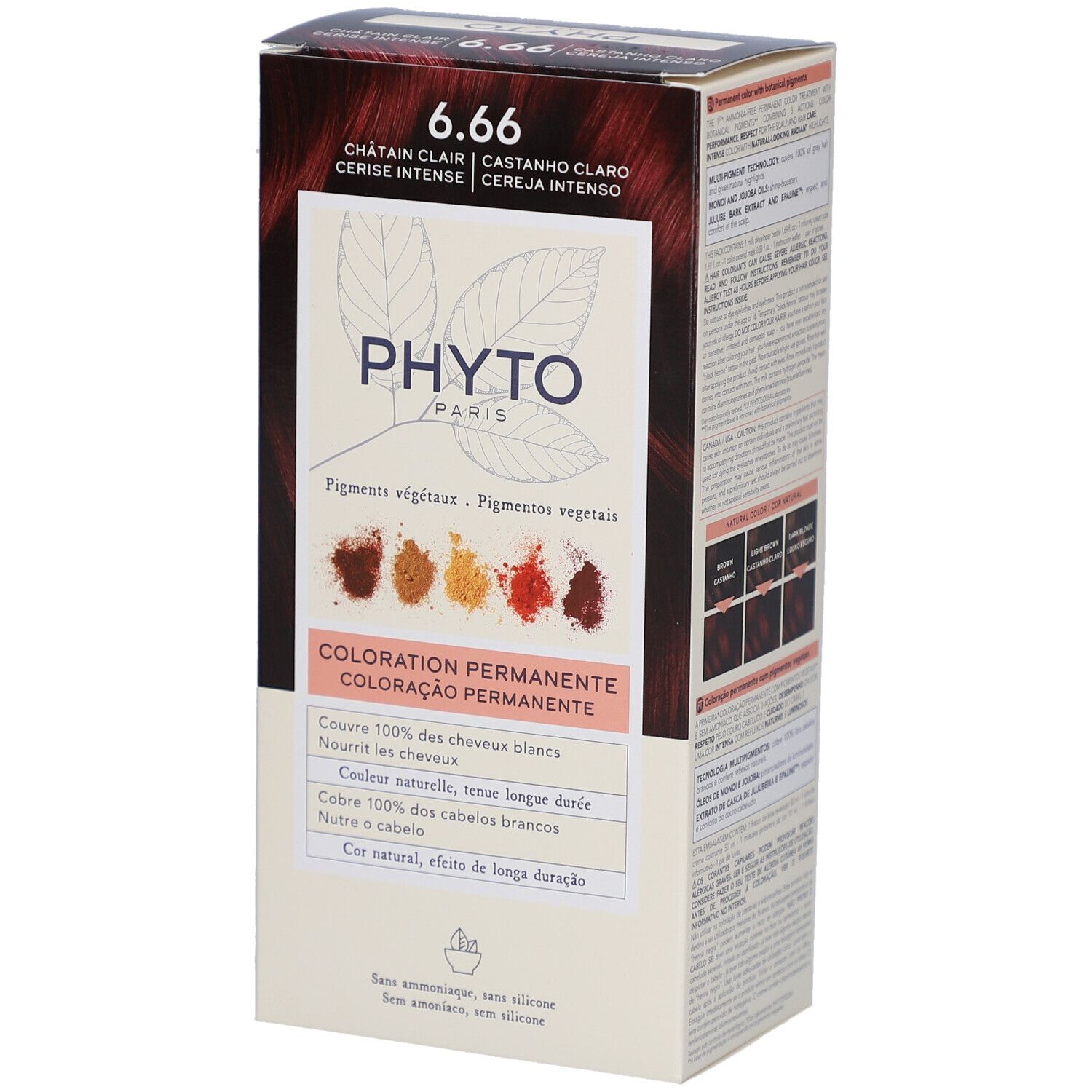 Boîte Phyto Paris 6.66, face avant. Inscriptions : pigments végétaux, couleur permanente, couvre les cheveux blancs.