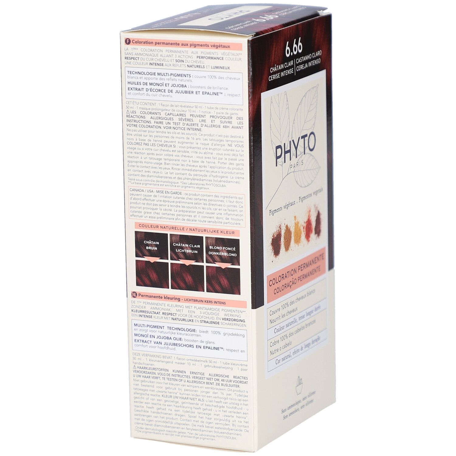 Boîte Phyto Paris 6.66, vue latérale. Inscriptions : pigments végétaux, couleur permanente, couvre les cheveux blancs.
