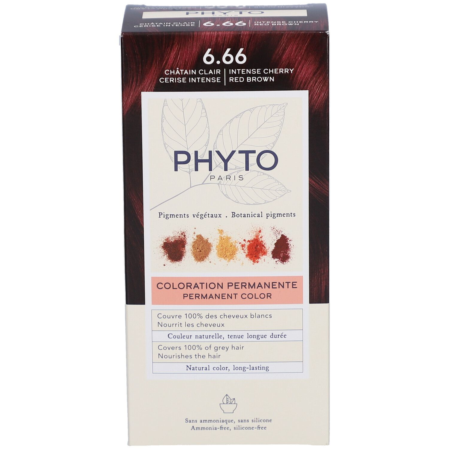 Boîte Phyto Paris 6.66, face avant. Inscriptions : pigments végétaux, couleur permanente, couvre les cheveux blancs.