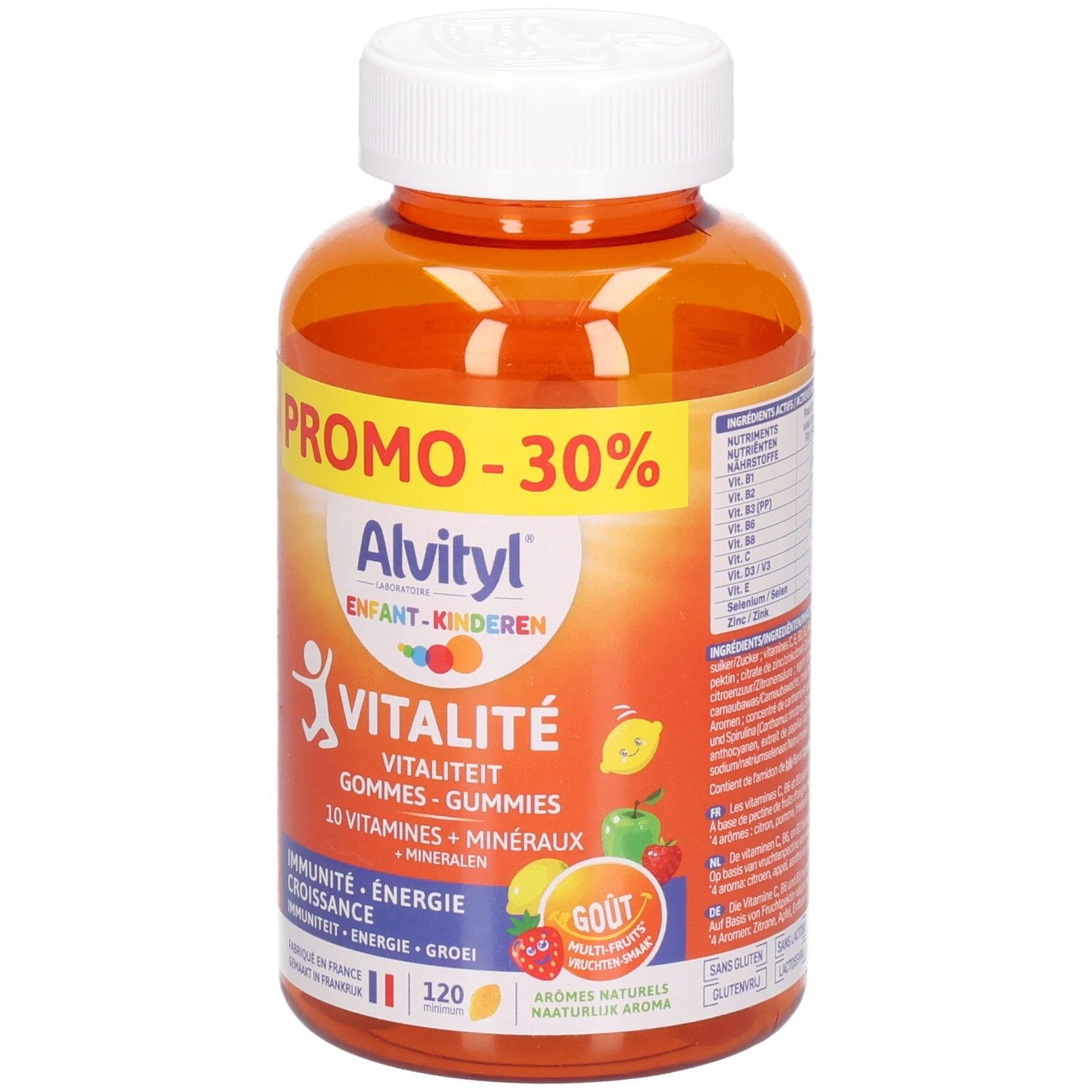 Oranje fles met witte dop. Opschrift: Alvityl Vitalité Gummies, 120 stuks. Promo -30%.