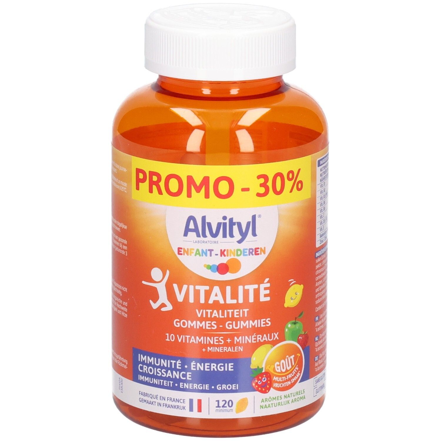Oranje fles met witte dop. Opschrift: Alvityl Vitalité Gummies, 120 stuks. Promo -30%.