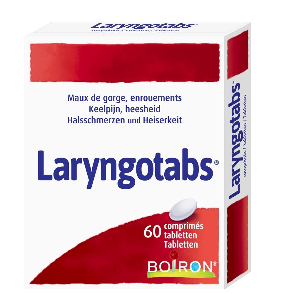 Witte doos Laryngotabs, tekst in Frans, Nederlands, Duits, Engels. 60 tabletten. Boiron logo. Rode band bovenaan.