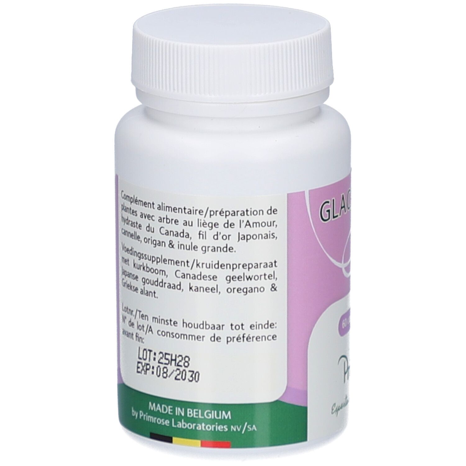 Achterkant van de witte pillenfles. Tekst in meerdere talen. Houdbaarheidsdatum en lotnummer.