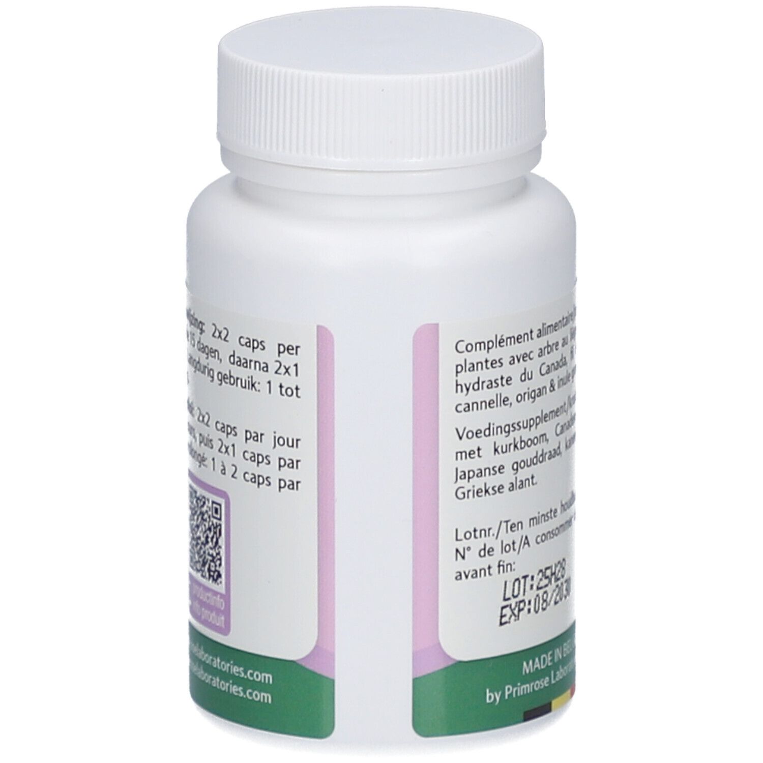 Achterkant van de witte pillenfles. Tekst in meerdere talen. QR-code en houdbaarheidsdatum.