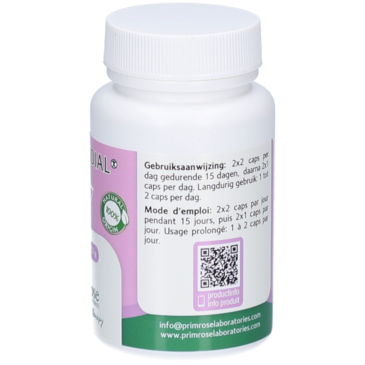 Achterkant van de witte pillenfles. Tekst in meerdere talen. QR-code en gebruiksaanwijzing.