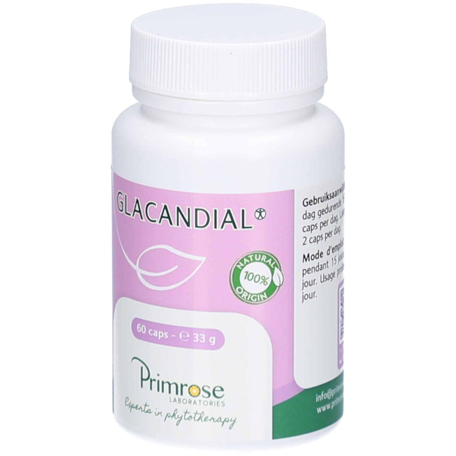 Witte pillenfles met schroefdop. Etiket met productnaam en informatie. 60 capsules.