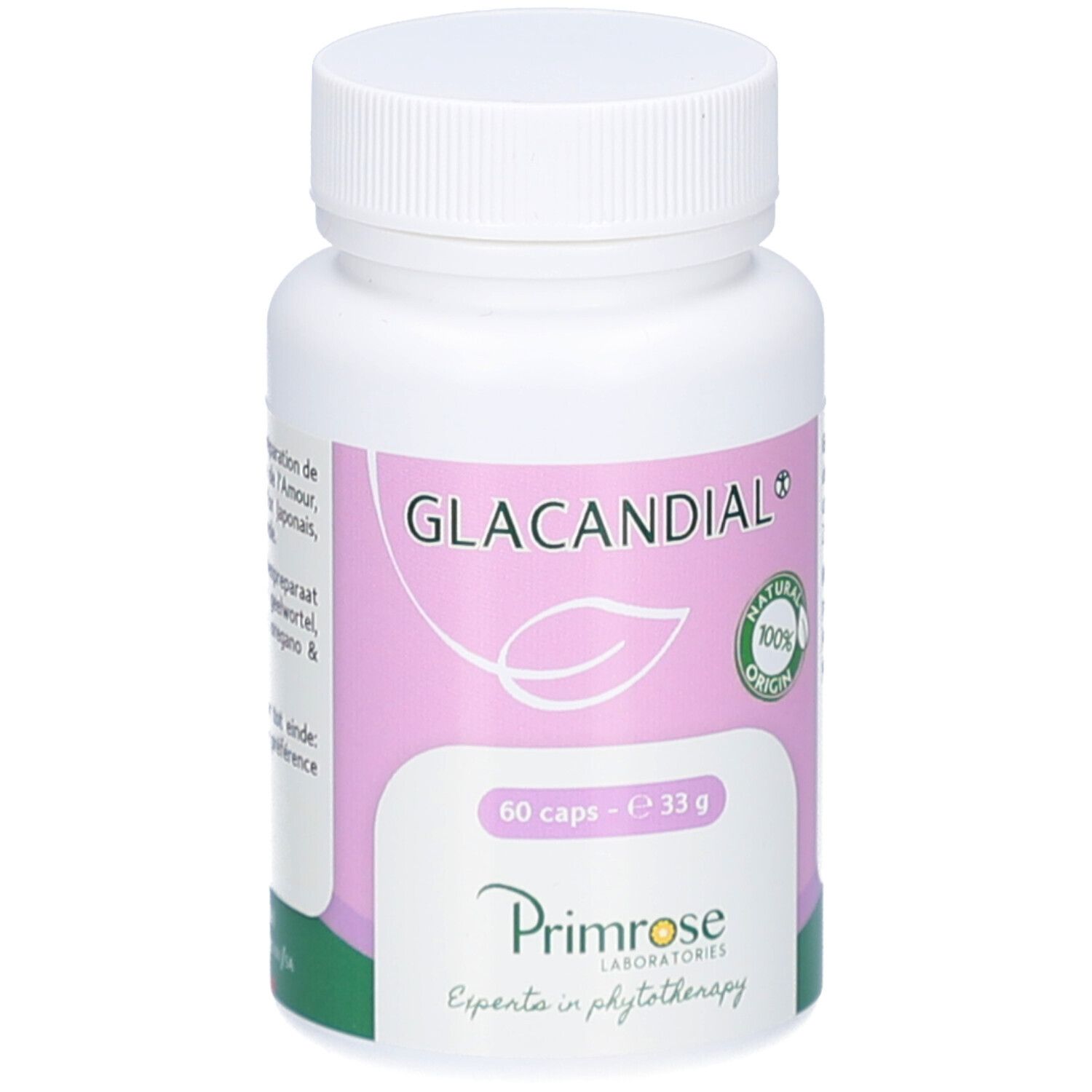 Witte pillenfles met schroefdop. Etiket met productnaam en informatie. 60 capsules.