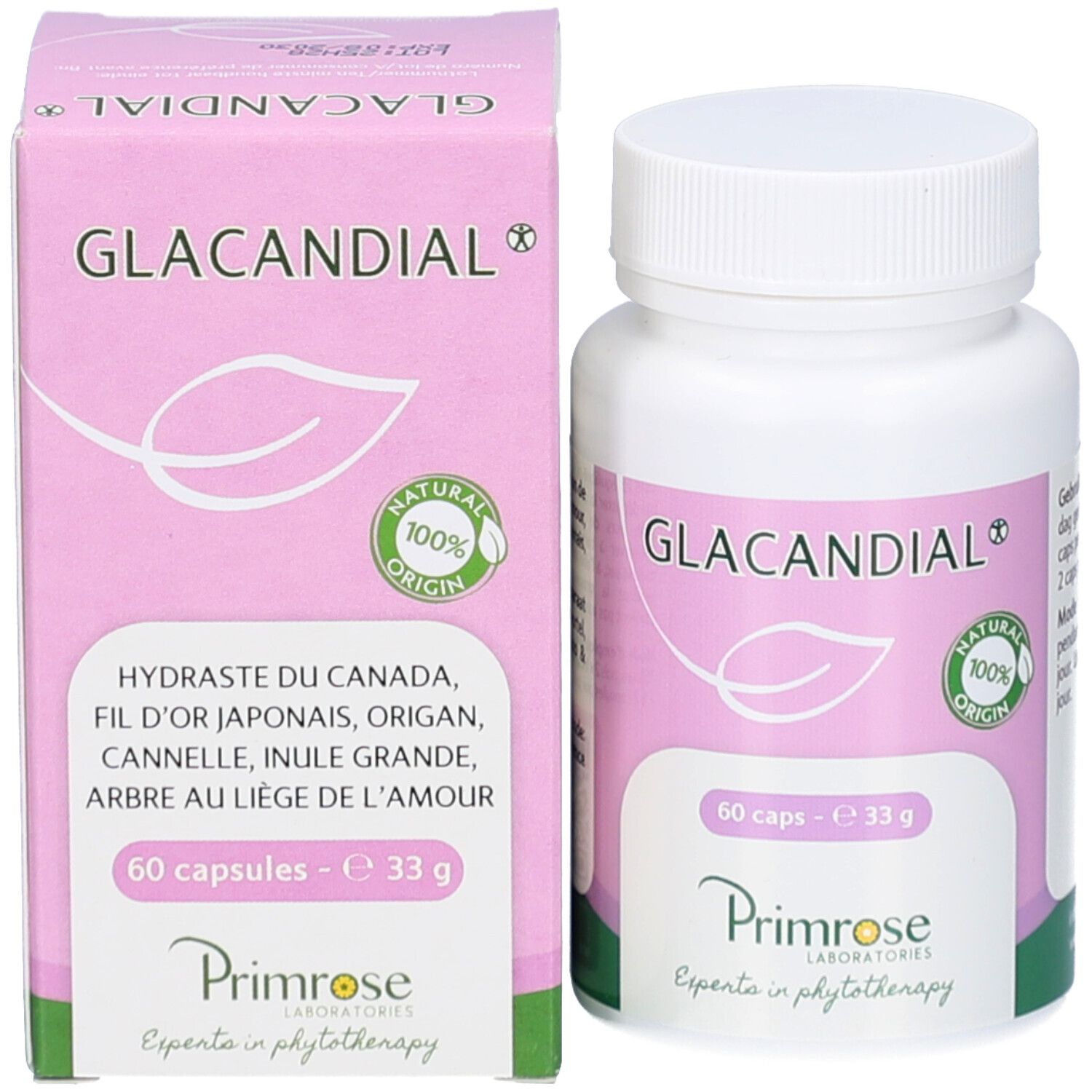 Productverpakking en pillenfles. Verpakking met productnaam en informatie. 60 capsules.